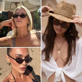 ViewJoy Retro Oval Cat Eye Sunglasses for Women Small Y2K Thin Frame 100% UV Protection Lightweight Vintage 90s Slim Sun Glasses 2 Pack