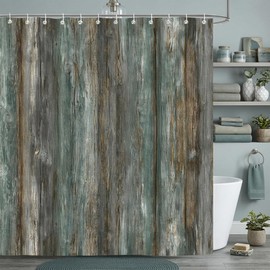 Moonslim Rustic Wooden Board Teal Shower Curtain, Farmhouse Vintage Wood Plank Barn Door Shower Curtain Set Fabric Bathroom Decor Waterproof Cloth with Hooks, 72x72 Inch