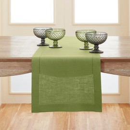 Solino Home Linen Table Runner 90 Inches Long - 100% Pure Linen Classic Hemstitch Moss Green Table Runner 14 x 90 Inch for Dining, Wedding, Parties, Spring, Mothers Day, Easter Decorations