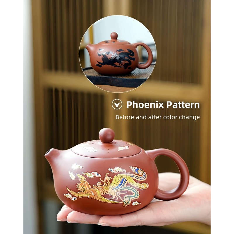 Color-Changing Yixing Clay Teapot，11Oz Chinese Dragon Phoenix Purple Clay Tea