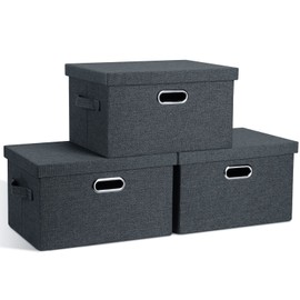 Graciadeco Medium 15" 21 Quart Collapsible Stackable Storage Bins with Lids, 3 Packs Dark Grey Foldable Fabric Closet Boxes Heavy-duty Linen Cube Baskets Container for Bedroom Office (15 x 11 x 8)