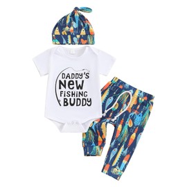 Youweixiong Newborn Baby Boy Girl Summer Clothes Short Sleeve Daddy's New Fishing Buddy Top Fish Pants Hat 3Pcs Coming Home Outfit (Navy Blue, 12-18 Months)