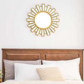PERHOM Modern Round Sunburst Gold Wall Art Mirror,Decorative Metal Mirror, 23.5"x23.5" Boho Shaped Mirrors Wall Mounted Hanging,for Entryway,Living Room,Bathroom,Fireplace