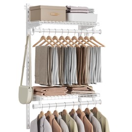 SONGMICS HOME Closet System, Closet Insert Organizer, 2-4 ft, Adjustable Metal Shelving Unit with 2 Hanging Rods, 2 Shelves, and Hooks, for Pantry Mudroom Garage Basement, Cloud White URGR030W01