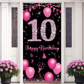 Vicycaty Fabric 10th Birthday Door Banner Decorations, Happy 10th Birthday Decorations for Girls, Hot Pink 10 Year Old Birthday Party Yard Sign, Photo Props Background Decor Supplies Outdoor Indoor