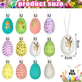 Hangsky Pack of 24 Easter Eggs for Hanging, Easter Eggs Decoration, Easter Eggs Made of Plastic, Colourful Plastic Easter Eggs with String, Decorative Eggs Easter in 12 Colours, Easter Eggs Outdoor