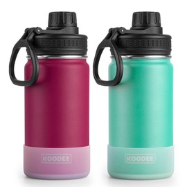 koodee Water Bottle for School 2 Pack 12 oz Stainless Steel Vacuum Insulated Wide Mouth Sports Water Bottle with Leakproof Spout Lid (Fuchsia Red-Teal)