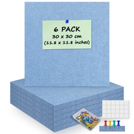 ANLIOTE 6 Pack Cork Board Felt Bulletin Board with 60 Push Pins, 1/2" Thick Pinboard Square Tiles for Wall Organizer - Home Office Classroom Decor, Photo Display, Memo Board (11.8"x11.8"- Sky Blue)