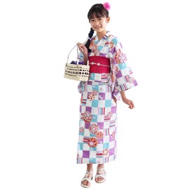 ON NISHIKI 2-Way Yukata Set, Can Be One Piece, Organza Belt, Easy to Wear, 100% Cotton, For Girls, Children, Separate Yukata, 110/120/130/140, Checkerball on white, 130