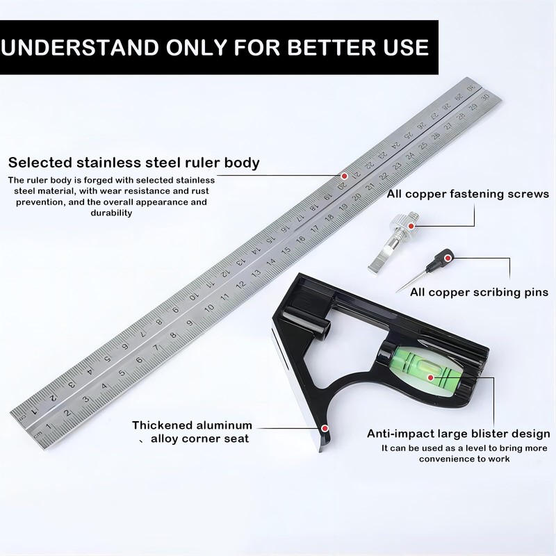 Bailinks 12Inch/300mm combination square, engineers square Stainless Steel metal ruler,