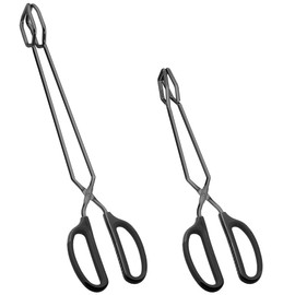HINMAY Stainless Steel Scissor Tongs 12" and 16" Set, Extra Long Metal Kitchen Tongs for Cooking, Grilling & Serving (Set of 2, Black)