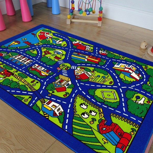 Champion Rugs Kids/Baby Room/Daycare/Classroom/Playroom Area Rug. City. Roads. Map. Train Tracks. Cars. Play Mat. Fun. Educational. Non-Slip Gel Back. Blue (5 Feet X 7 Feet)