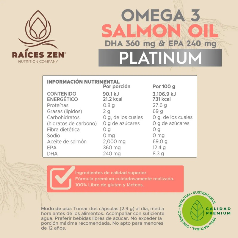 Omega 3 Salmon Oil Epa Dha Raíces Zen Platinum 120