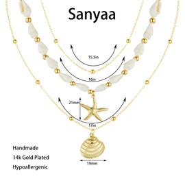 Seashell Starfish Necklace for Women Conch Shell Summer Pearl Beach 14k Gold Layered Dainty Choker (3 Layered Necklace)