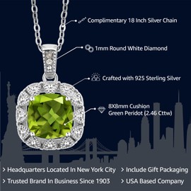 Gem Stone King 925 Sterling Silver Gemstone Birthstone and White Diamond Necklace | 8MM Cushion Cut Pendant Necklace For Women | With 18 Inch Chain
