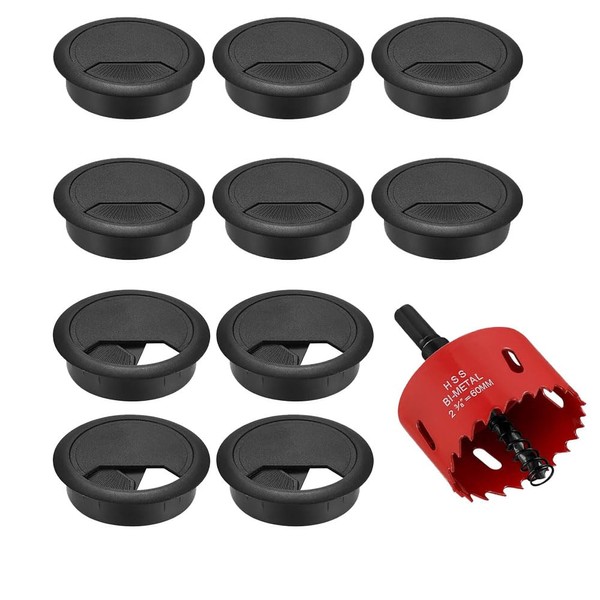 60mm Black Desk Cable Grommets with Hole Saw SUNSHINETEK 12