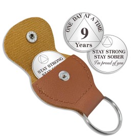 YRCKUDZKG 9 Year Sobriety Coin One Day at a Time AA Chips and Medallions with PU Leather Keychain Sobriety Gifts for Celebrating Alcoholics Anonymous Recovery Sobriety Gifts for Men Women