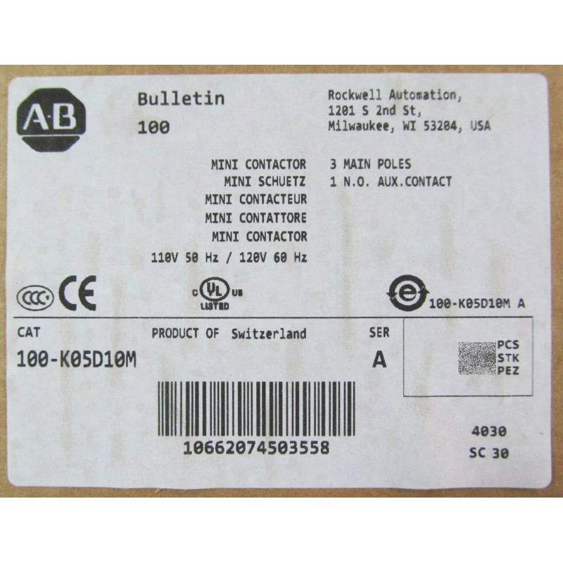 Allen-Bradley NEW ALLEN BRADLEY 100-K09*10 MINI CONTACTOR 100-K09D10M 110V/120V 9A