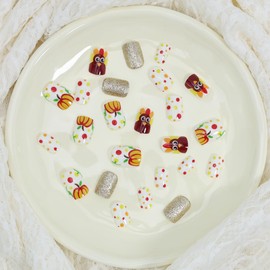 24Pcs Thanksgiving Press on Nails Short Square Fake Nails Colorful Dots with Turkey Fall Nail Design Full Cover Artificial Glue on Nails Gold False Nails Autumn Stick on Nail for Acrylic Manicure