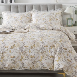 Lemfux Duvet Cover Queen Size with 2 Pillowcases 3 Piece Cotton Flower Leaf Print Shabby Chic Style, Botanical Print Aesthetic Soft White Comforter Cover Set with Metal Zippers, Bedding Set