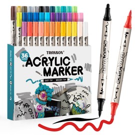 TRANSON 36 Colors Bold and Brush Dual-tip Acrylic Paint Marker Pen Set for Canvas Rock Wood Leather Ceramic DIY Painting