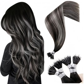Hetto Nano Beads Hair Extensions Silver Balayage Nano Hair Extensions Human Hair Ombre Black to Sliver Nano Ring Hair Extensions Ombre Black Nano Tip Hair Extensions for Women 18inch 50g/50s