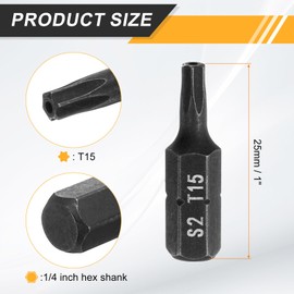 HARFINGTON 2pcs T15 Torx Screwdriver Bit 1/4" Hex Shank 25mm/1" Length S2 Steel Star 6 Point Head Hex Security Screw Driver Bits with Hole for Impact Electric Screw Driver Power Tools, Black