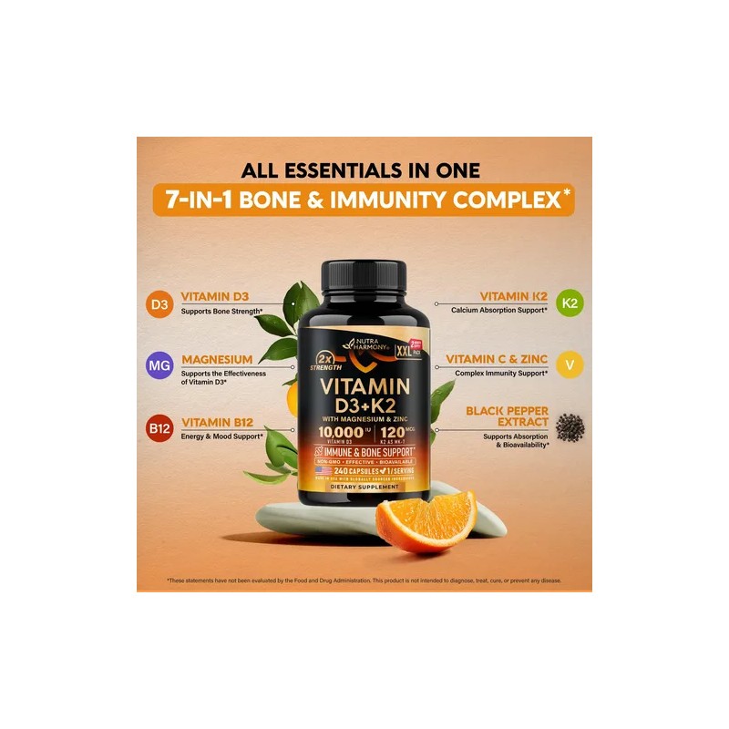 Vitamina D3 K2 10000 Iu 120 Mcg Con Magnesio Zinc