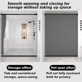 Momooda Foldable Shower Curtain Weight Anti Mould Waterproof Linen with Hooks, Shower Curtain Magnet Splash-Proof, Grey, 100 x 200 cm