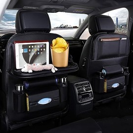SHOFOYOC Car Backseat Organizer with Tablet Holder, Foldable PU Leather Car Back Seat Table Tray, Kick Mats BackSeat Storage Bag, 9 Storage Pockets Seat Back Protectors for Toys Drinks Books Pens