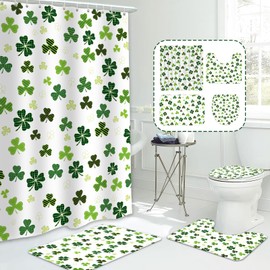 MEHOFOND 4pcs St. Patrick's Day Shower Curtain Set with Non-Slip Rugs Toilet Lid Cover and Bath Mat Shamrock Bathroom Shower Curtain Set Irish Lucky Clover White and Green Set for Bathroom Decor