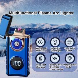 Electric Lighters Plasma Lighters Rechargeable with with LED LED Display and LED Emergency Lights Windproof USB Rechargeable Lighter Cool Lighte for Candle,Camping,Gift(Blue)