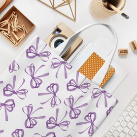 WAITPI Purple Coquette Bow Canvas Tote Bag, Bow Gifts Tote Bag for Women, Trendy Aesthetic Reusable Tote Bag for Shopping Camping