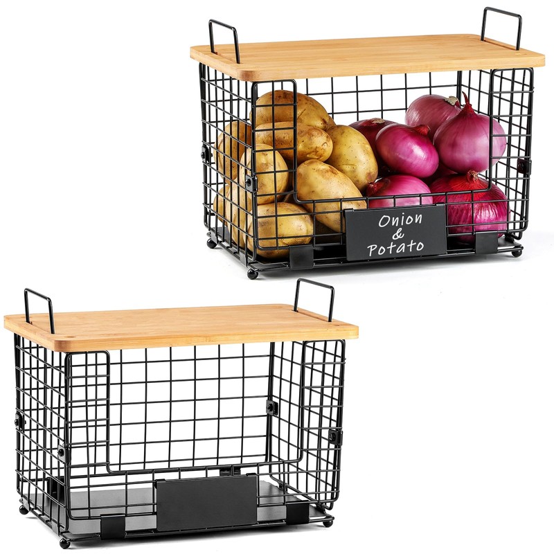 2 Set XL Stackable Wire Basket with Bamboo Tops &