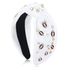 BAHABY Football Headbands for Women Crystal Football Embellished Wide Top Knot Headband for Women Game Day Hair Accessories (White)