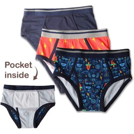 My Private Pocket Boys Underwear with Inner Pouch, Soft Cotton Briefs, Incontinence and Potty Training, Space, Large (Pack of 3)