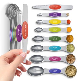 Premium Magnetic Measuring Spoons Set, Strong N52 Magnets, Heavy Duty Stainless Steel, Dual-Sided for Spice Jar and Liquid Measuring, Dishwasher Safe, 7 Spoons with Leveler for Baking & Cooking