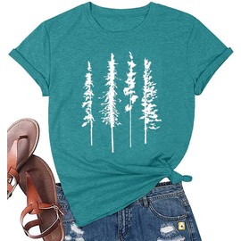 Nature Tree Women Shirts Funny Graphic Hiking Workout Tops Casual Cute Printed Muscle Athletic Clothes,Turquoise Green L
