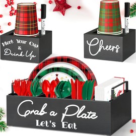 Paper Plate Holders with 2 Cup Holders and 2 Markers, Wood Utensil Holder for Party, Kitchen Paper Plate Dispenser for Counter, Disposable Plate Organizer, Silverware Holder for Cup, Plate, Napkin