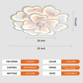 35" Ceiling Fans with Lights and Remote, Modern Dimmable Low Profile Ceiling Fan, Flush Mount Bladeless Ceiling Fan, 6 Wind Speeds Smart Rose Flower Ceiling Fan for Bedroom Kids Room