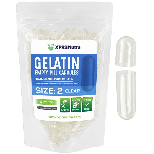 Capsules Express - Cápsulas de gelatina vacías transparentes de tamaño 2 - Certificado Kosher y Halal - Cápsula de gelatina bovina pura sin gluten - Relleno de polvo DIY