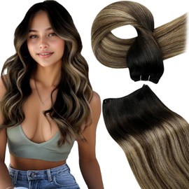 LaaVoo Real Hair Extensions, Weft, Blayage, Black, Black, Ombre, Dark Brown, Light Blonde, 30 cm, for Sewing in, Double Wefts, 80 g, #1b/4/27