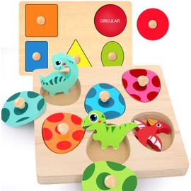 SIERLIKY Wooden Peg Puzzle for Toddlers,Montessori Toys for Kids，Wooden Learning Color Sorting Shape Puzzles for 1-3 Year Old Boys Girls, Dinosaur Match Eggs Developmental Sensory Matching Games