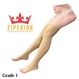 Ziperior Thigh High 15-20 mmHg Compression Wide Calf Inside Leg Zipper Open Toe (Large-X-Large, Nude)