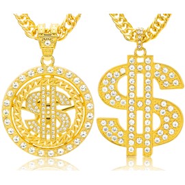 HANCAO 2 Pieces Gold Digger Costume Rotatable Hip Hop Rapper Chain Money Chain Necklace for Men with Dollar Sign Pendant Necklace, Big Fake Gold Necklace, Mixed