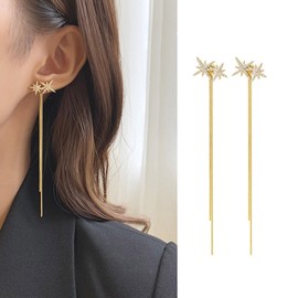 Zeshimb Long Wire Dangle Earrings Gold Tassel Chain Threader Earrings CZ Star Ear Climber Earrings Long Tassel Linear Earrings Bohemian Crystal Rhinestone Star Stud Jewelry for Women