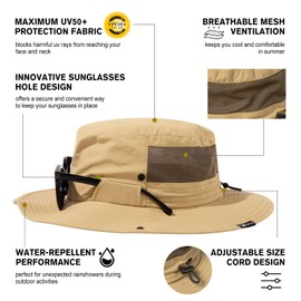 TOP-EX L/XL/XXL UPF 50 Mens Sun Hat with Cooling Neck Flap Sunglass Lock Wide Brim Fishing Safari Hats Outdoor Summer Hat Waterproof Packable Khaki M/L