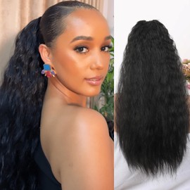 Matthia Drawstring Ponytail Curly Hair Extension 26" Black Long Wavy Ponytail Extension for Black Women, Synthetic Curly Ponytail Extension Drawstring Clip on Ponytails for Women (Black)