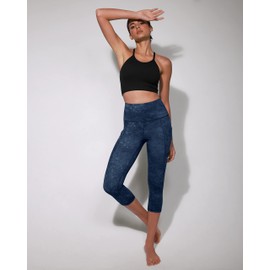 ODODOS Women's High Waisted Pattern Yoga Capri Leggings with Pockets, Tummy Control Non See Through Sports Athletic Workout Running Capris, Navy Stone, Medium