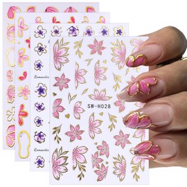 4 Sheets Pink Flower Nail Stickers, Gold Stamping Floral Nail Art Decals, 3D Self-Adhesive Nail Design Stickers for Women DIY Spring Season Purple Pink Flower Manicure Decoration Supplies